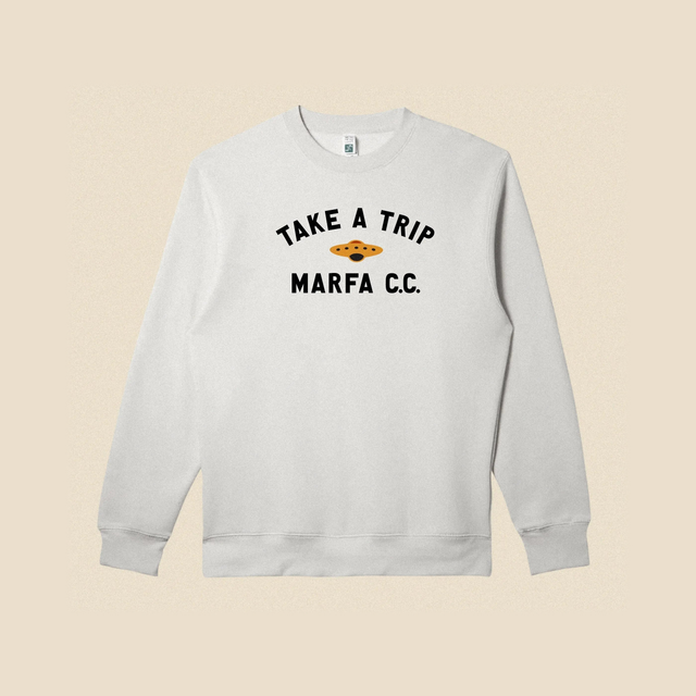 take a trip crewneck grey black on beige background