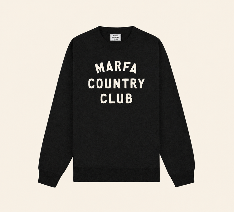 Black Marfa Country Club crewneck on warm beige background