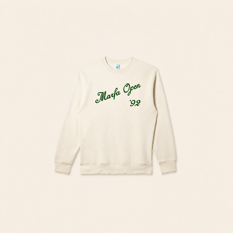 Cream Marfa Open 92 crewneck on warm beige background with generous spacing