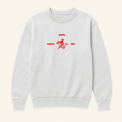 Light grey Rider crewneck with red artwork on warm beige background