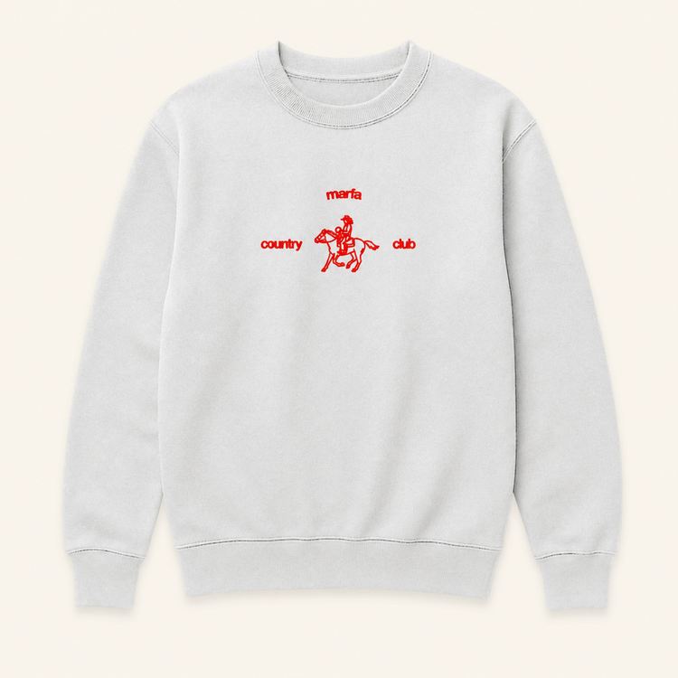 Light grey Rider crewneck with red artwork on warm beige background