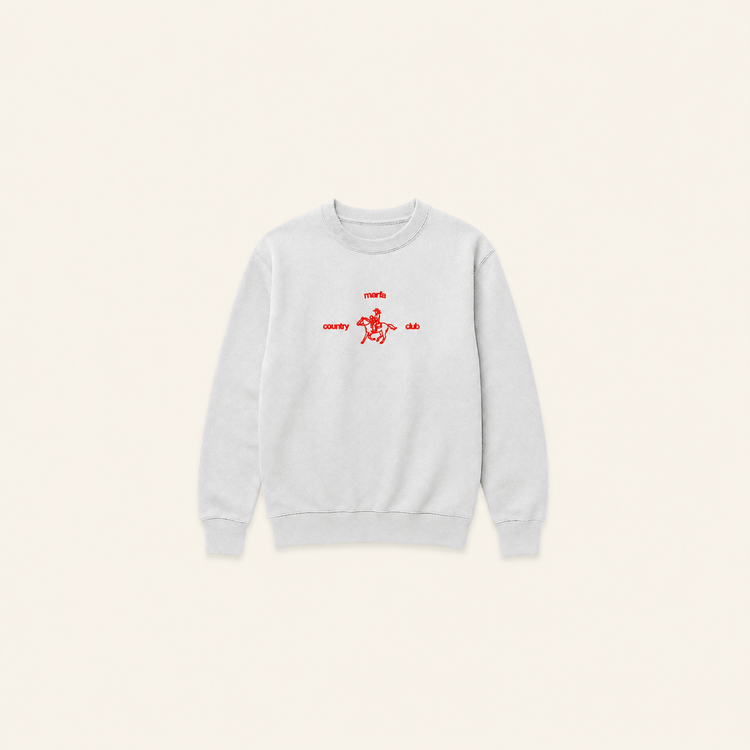 Light grey Rider crewneck on warm beige background with generous spacing