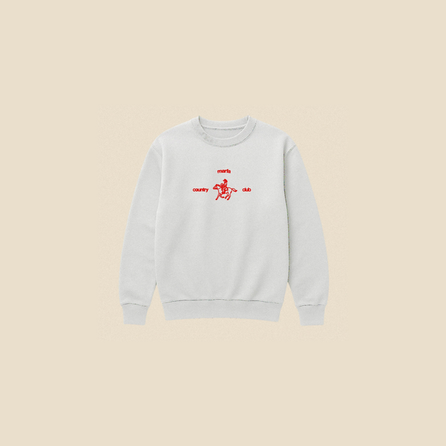 rider crewneck grey red on beige background