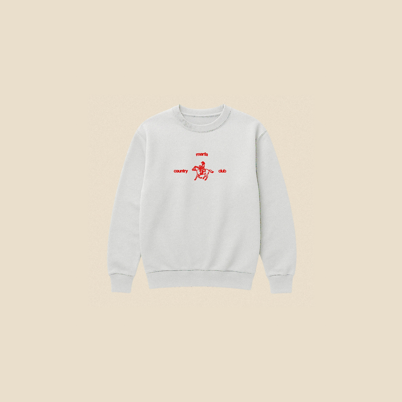 rider crewneck grey red on beige background