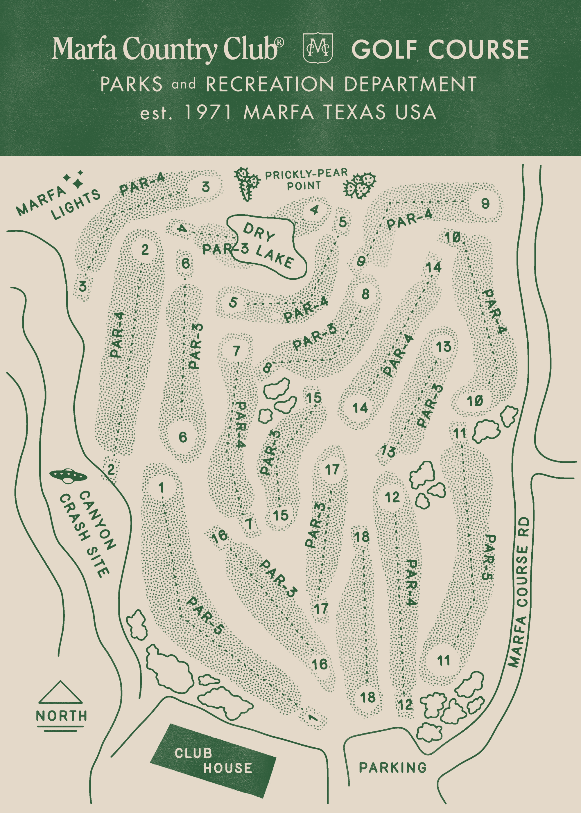 Marfa Country Club Golf Course Map — 18 holes, Parks and Recreation Department, est. 1971 Marfa Texas