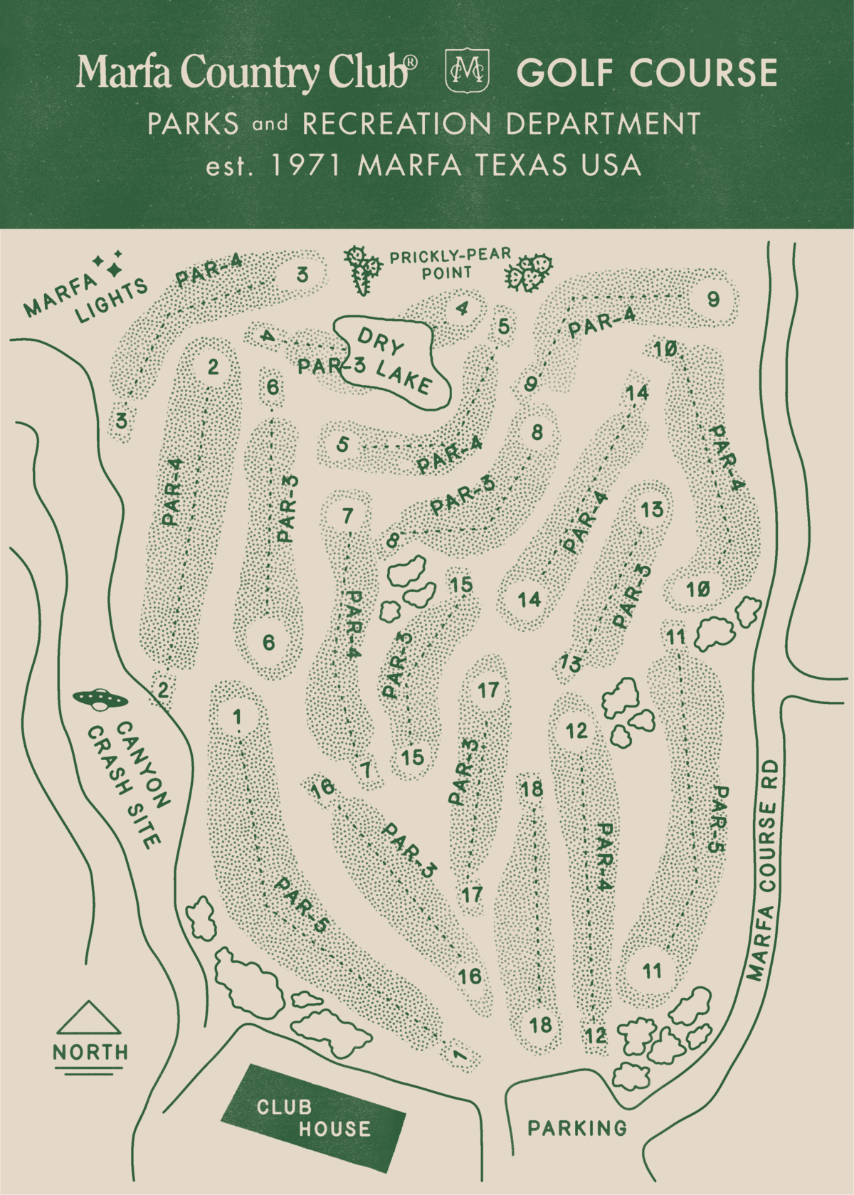 Marfa Country Club Golf Course Map — 18 holes, Parks and Recreation Department, est. 1971 Marfa Texas